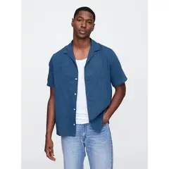 GAP - Camisa Hombre Lino Resort V25 Manga Corta Azul