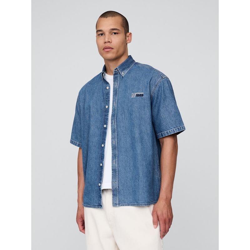 GAP - Camisa Hombre Logo Denim Manga Corta Azul Gap