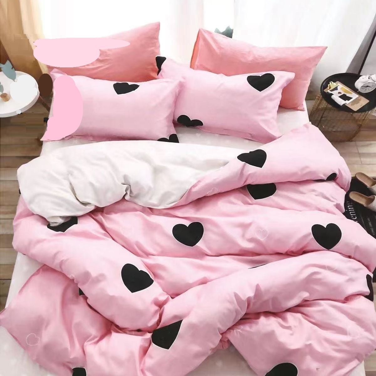 GENERICO - SABANA 2 PLAZA TF DISEÑO ROSADO CORAZON NEGRO ELEGANTES SET DE 4 PIEZA