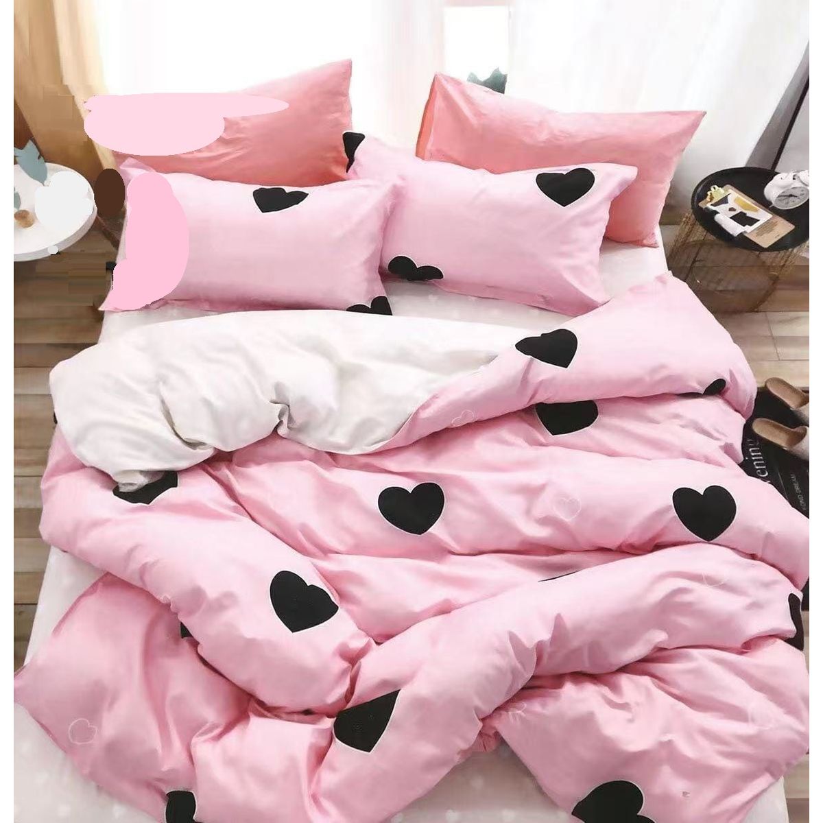 GENERICO - SABANA 2 PLAZA TF DISEÑO ROSADO CORAZON NEGRO ELEGANTES SET DE 4 PIEZA