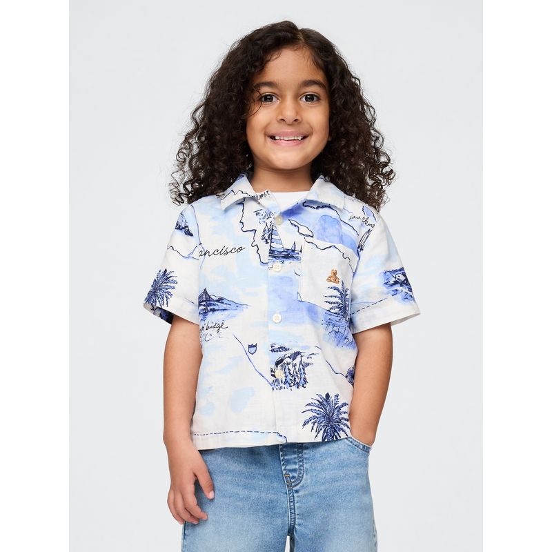 GAP - Camisa Toddler Niño Tropical Lino Manga Corta Azul Gap