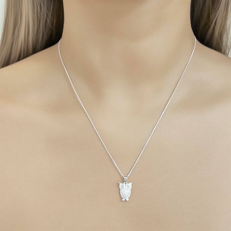 Collar Lechuza Circon Plata Fina 925 Plateado TALLA UNICA