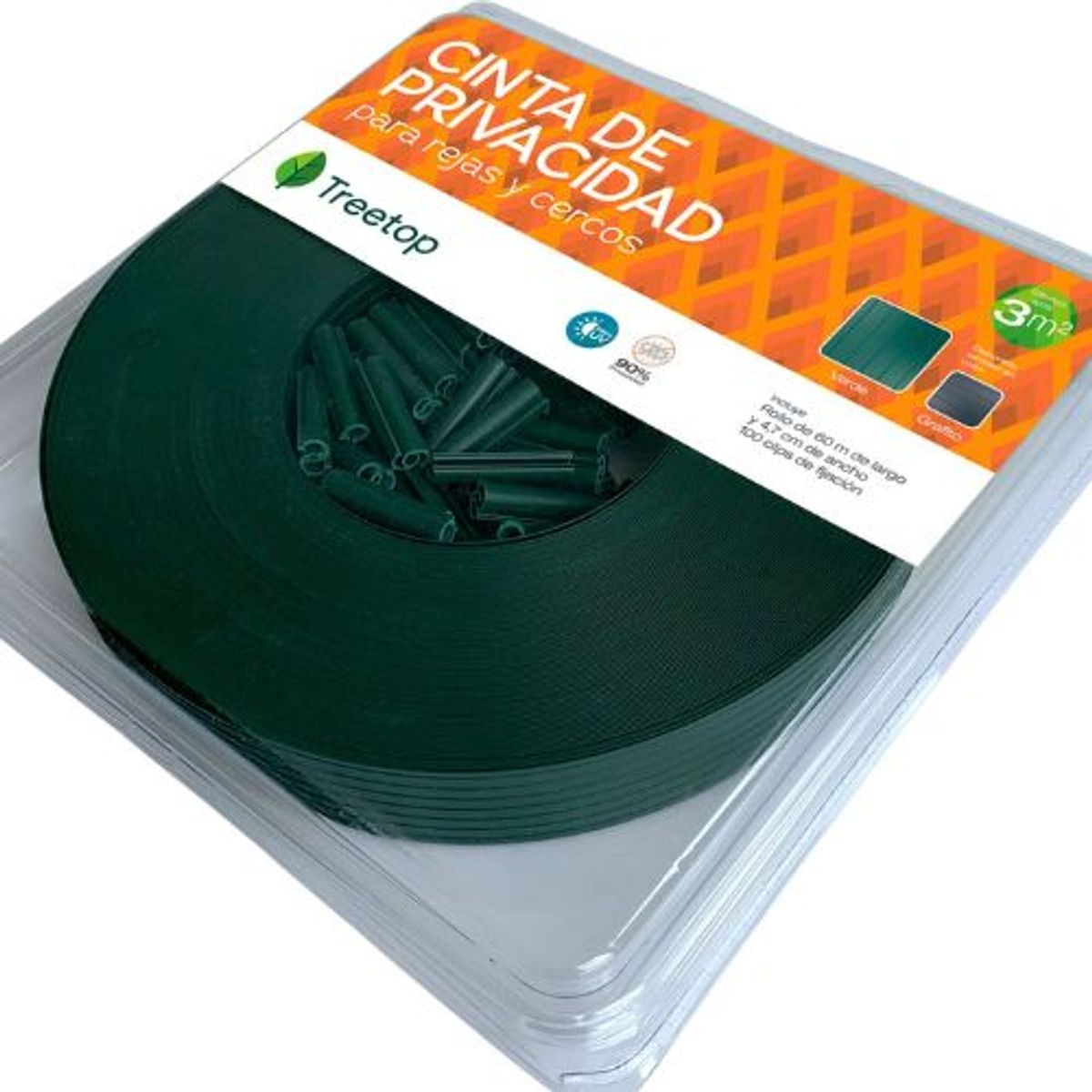 TREETOP - Cinta Privacidad color verde, incluye 100 clips de fijación