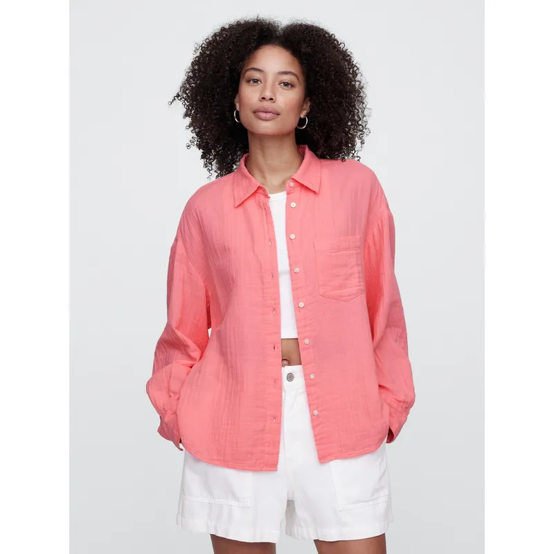GAP - Blusa Mujer Big Gauze Manga Larga Rosado Gap