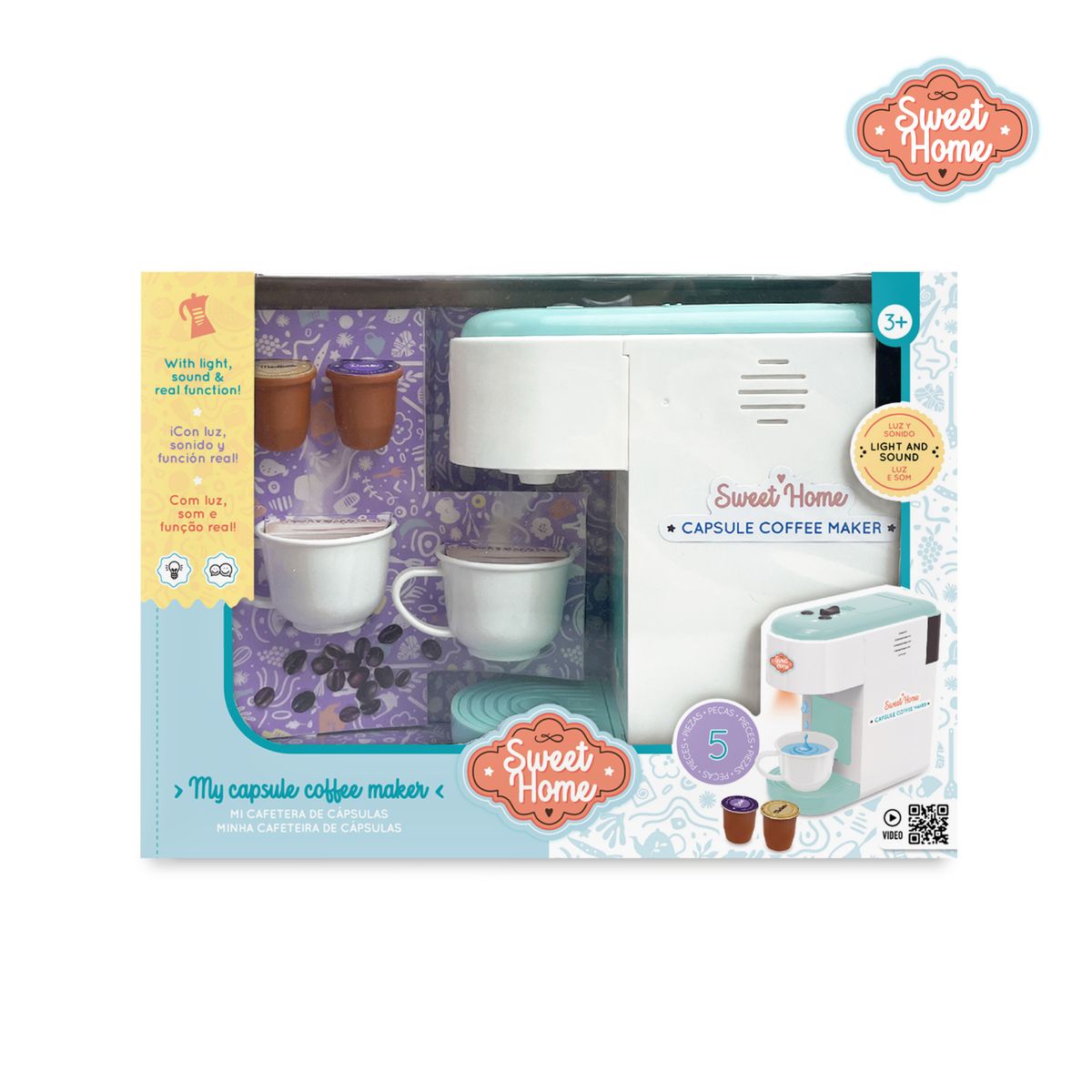 SWEET HOME - Cafetera Juguete Cápsulas con Luz, Sonido y 4 Accesorios