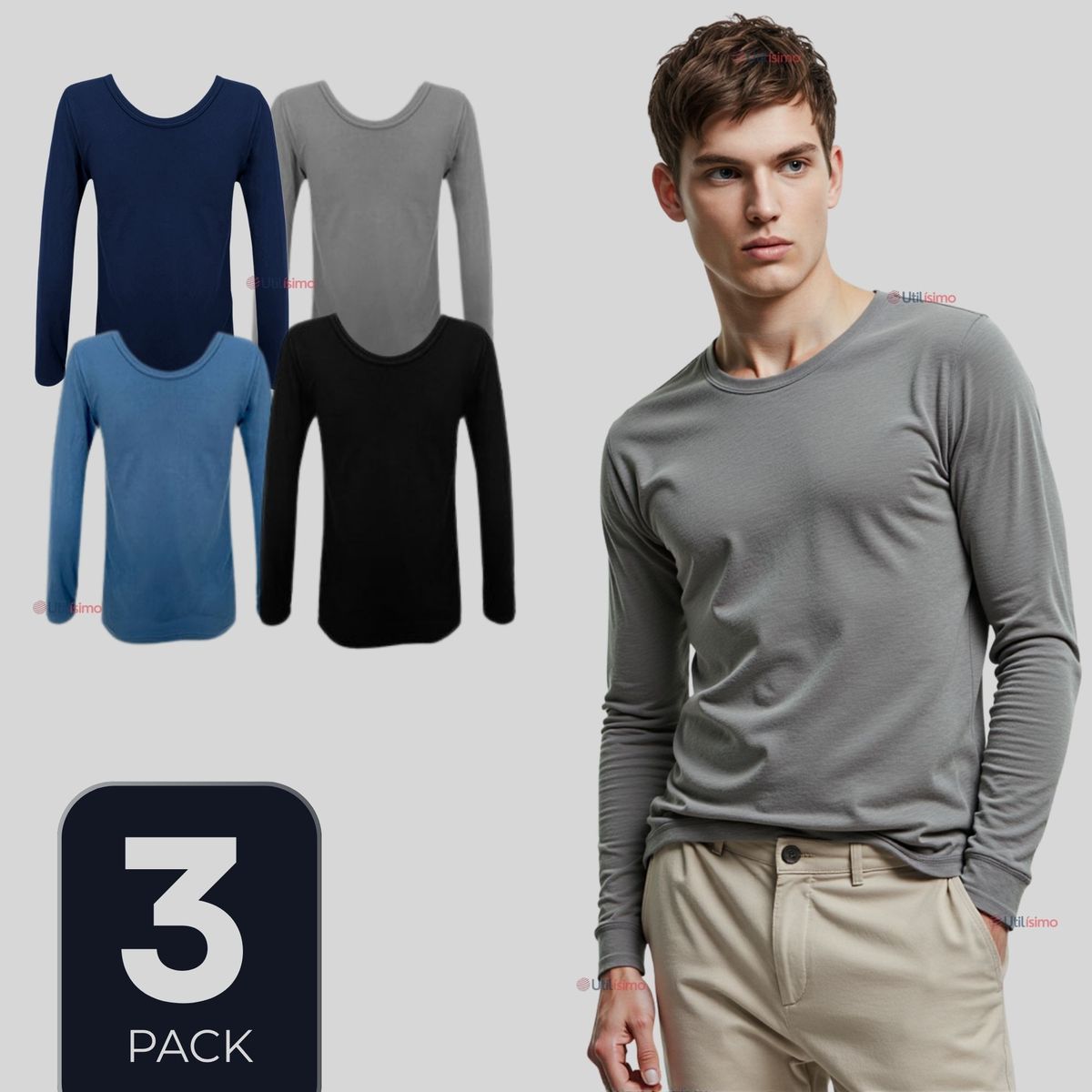 UTILISIMO - Pack 3 Camiseta Bambú Manga Larga Primera Capa Hombre Polera Surtido