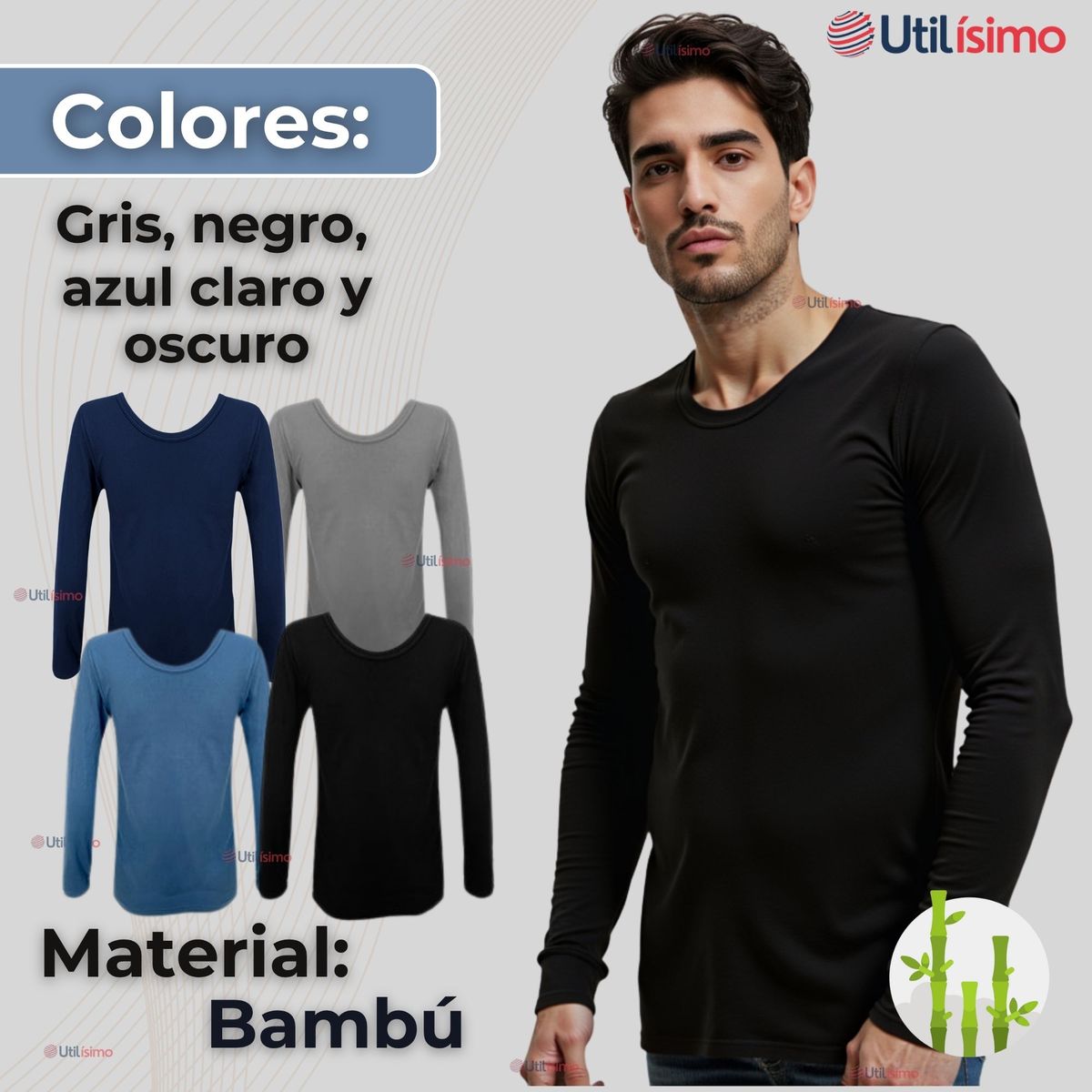 UTILISIMO - Pack 3 Camiseta Bambú Manga Larga Primera Capa Hombre Polera Surtido