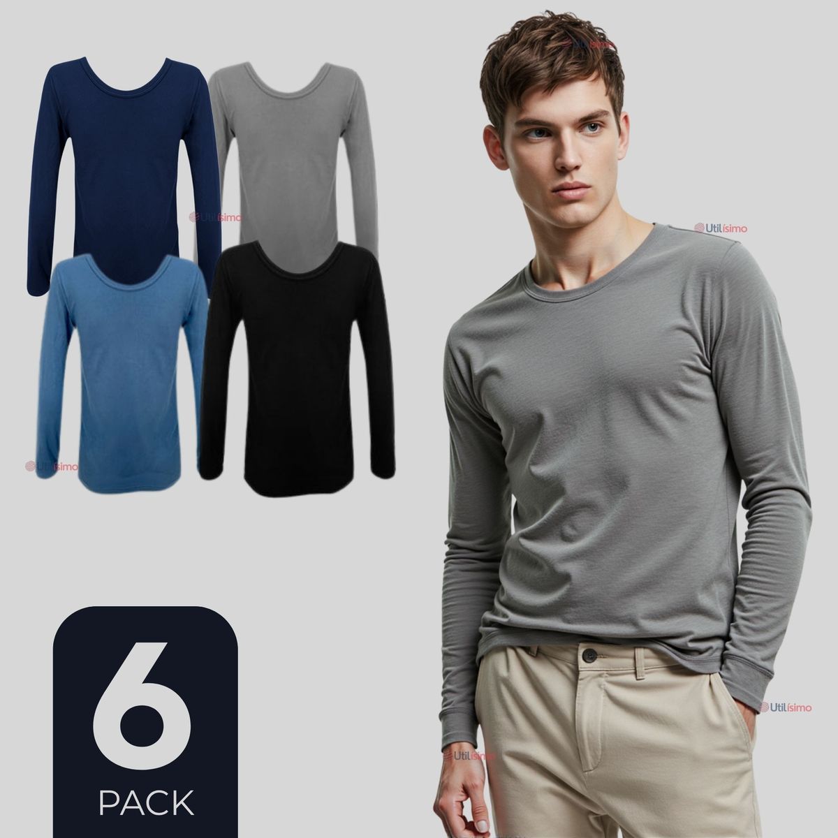 UTILISIMO - Pack 6 Camiseta Bambú Manga Larga Primera Capa Hombre Polera Surtido