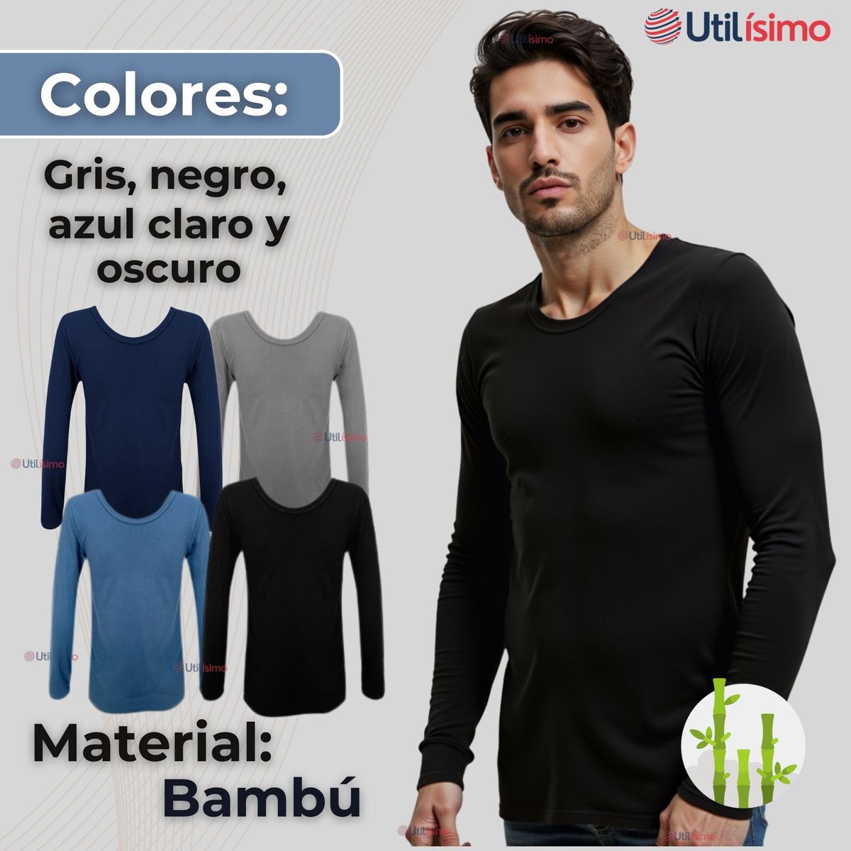 UTILISIMO - Pack 6 Camiseta Bambú Manga Larga Primera Capa Hombre Polera Surtido