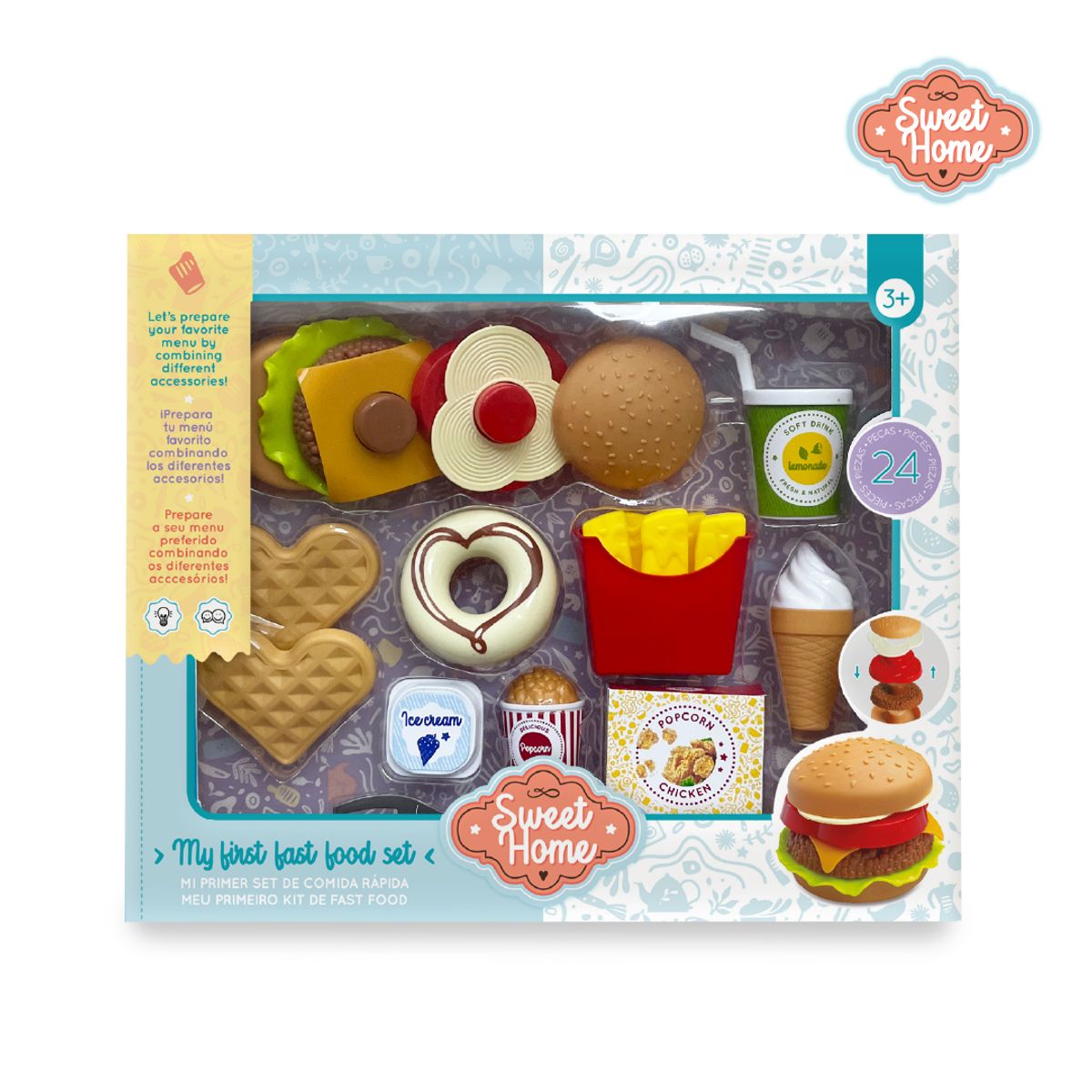 SWEET HOME - Juguete Set Comida Rápida 24 Pzs Hamburguesa y Accesorios