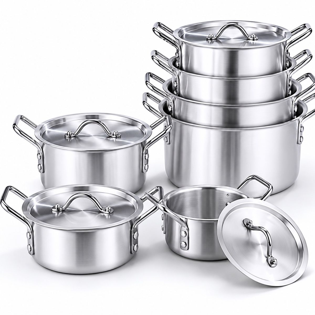 HOMESTAR - Set de ollas aluminio anodizado plata 14 piezas
