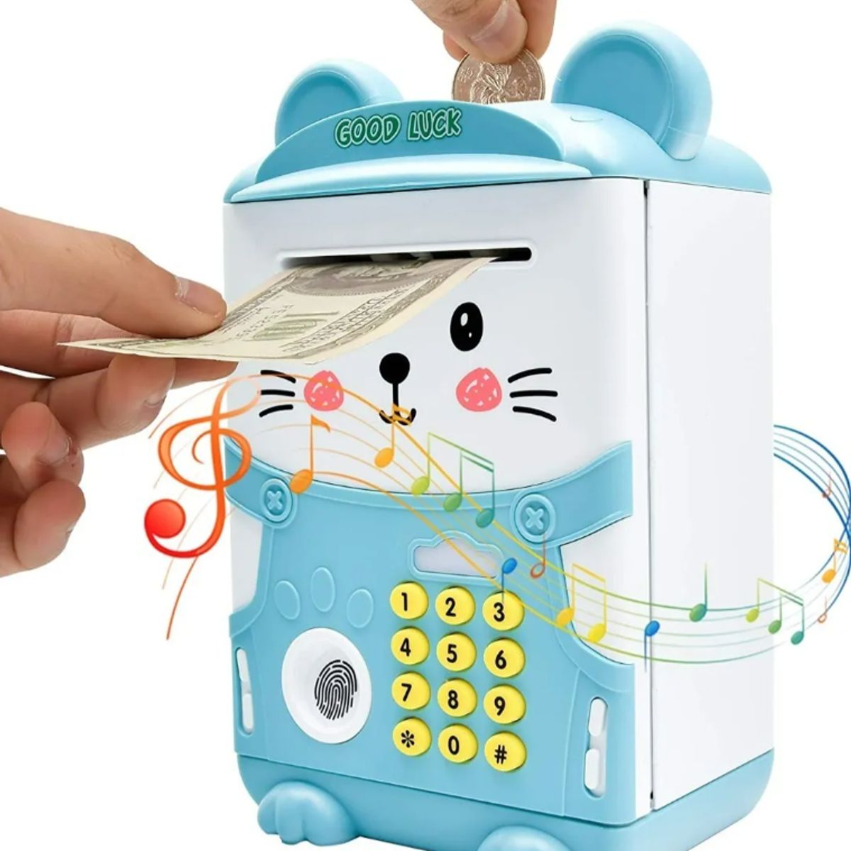 GENERICO - Alcancía Infantil Billete Y Monedas Clave Y Sonido Gato Celeste