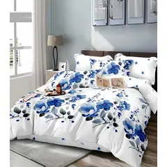 GENERICO - JUEGO DE SABANA KING TF BLANCO DISEÑO DE FLOR AZUL MODERNA DECORATIVA