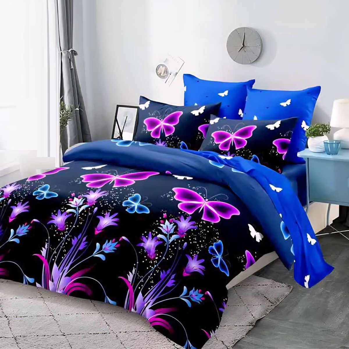 GENERICO - JUEGO DE SABANA KING TF AZUL DISEÑO DE MARIPOSAS MODERNA DECORATIVA