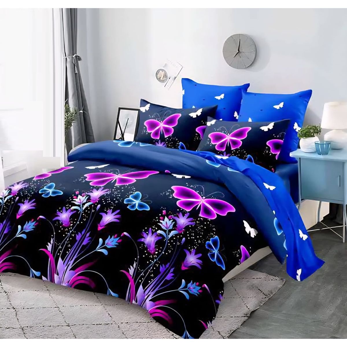 GENERICO - JUEGO DE SABANA KING TF AZUL DISEÑO DE MARIPOSAS MODERNA DECORATIVA