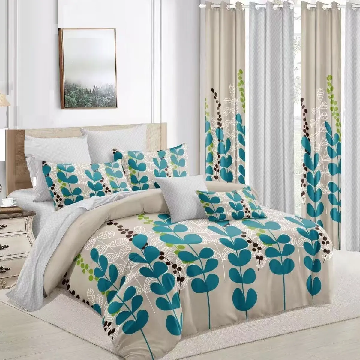 GENERICO - JUEGO DE SABANA KING TF BEIGE HOJAS MODERNA DECORATIVA