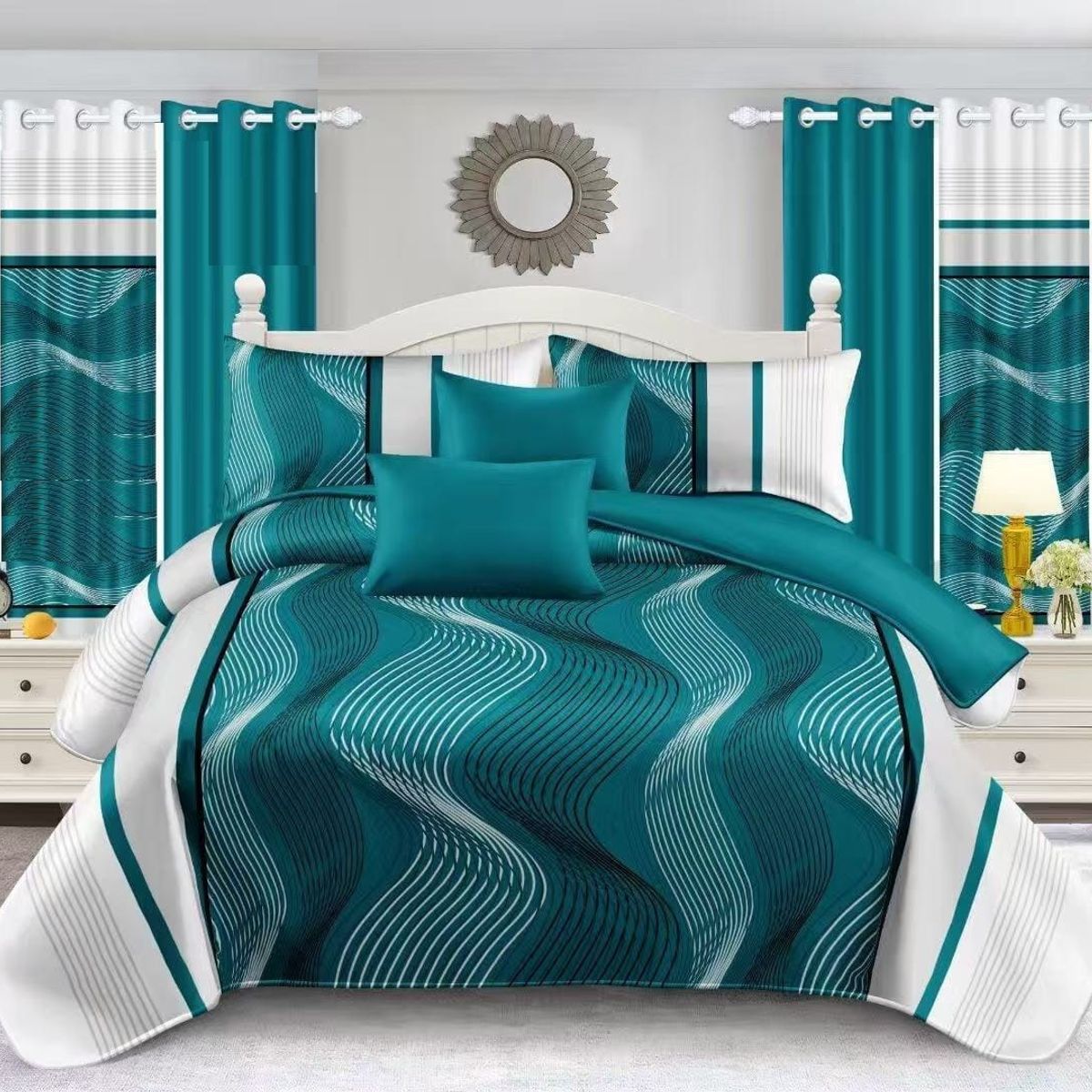 GENERICO - JUEGO DE SABANA KING TF TURQUESA DE ONDAS MODERNA DECORATIVA