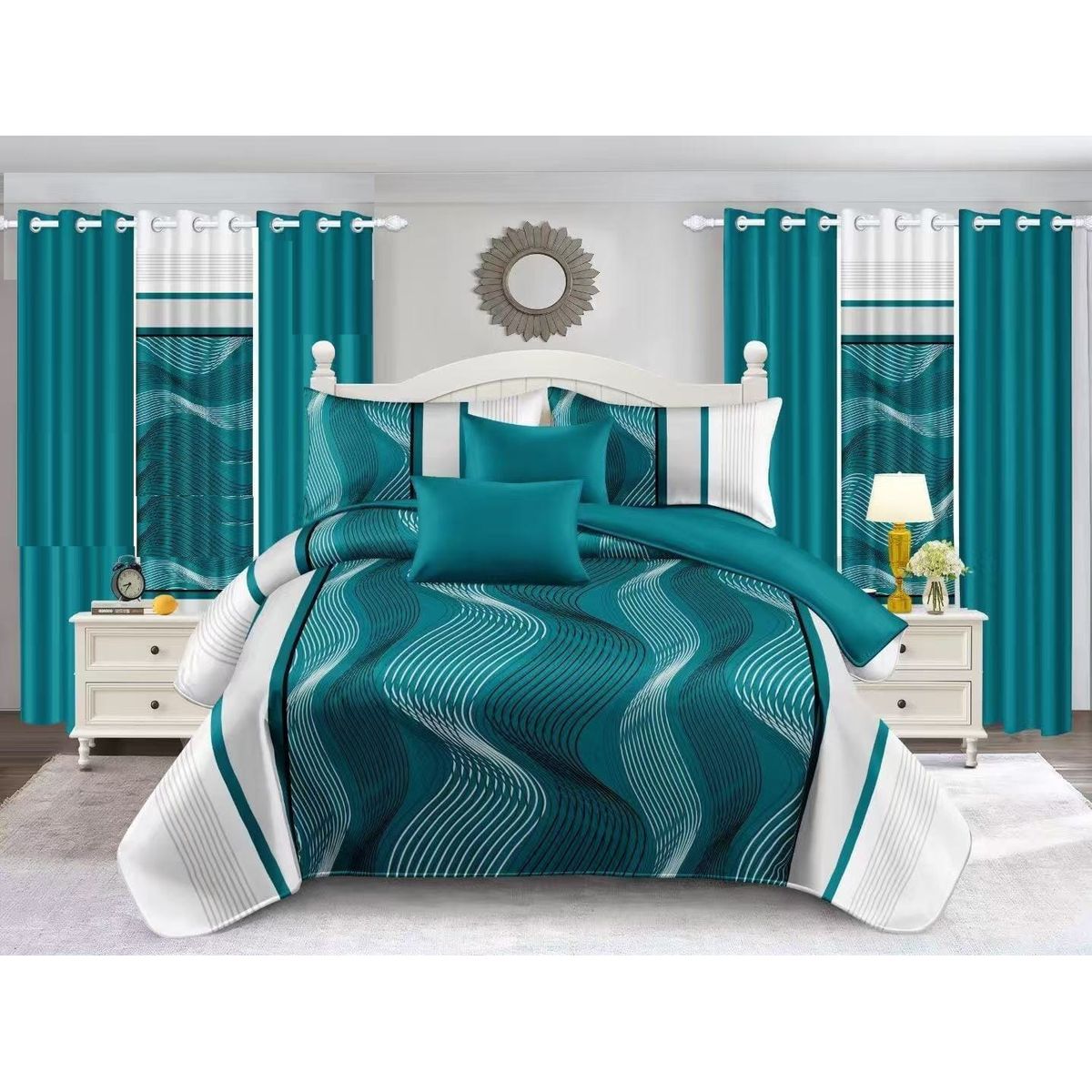 GENERICO - JUEGO DE SABANA KING TF TURQUESA DE ONDAS MODERNA DECORATIVA