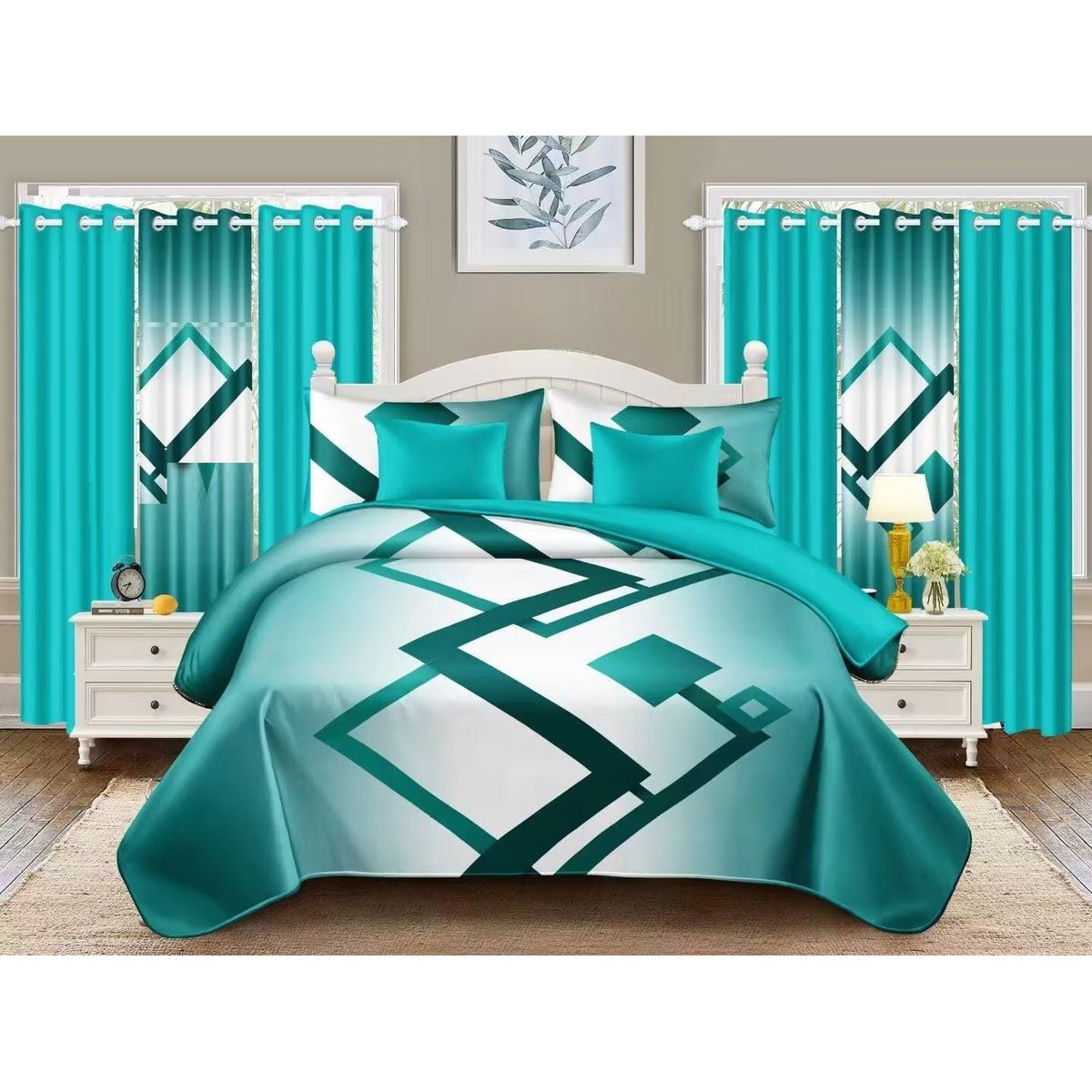 GENERICO - JUEGO DE SABANA KING TF TURQUESA DISEÑO ZIGZAG MODERNA DECORATIVA