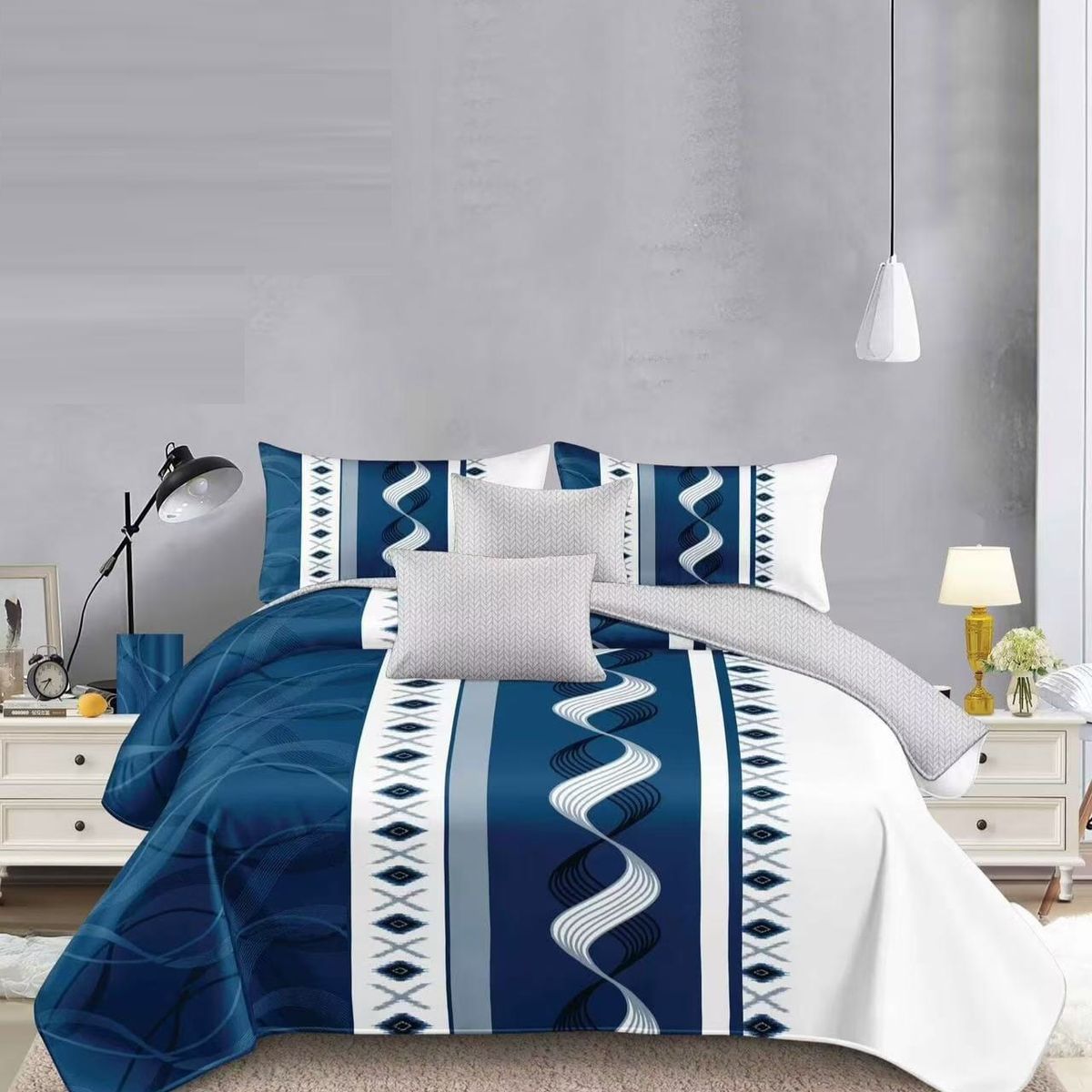 GENERICO - JUEGO DE SABANA KING TF AZUL DISEÑO DUO COLOR MODERNA DECORATIVA