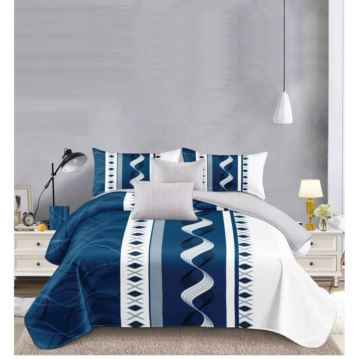 GENERICO - JUEGO DE SABANA KING TF AZUL DISEÑO DUO COLOR MODERNA DECORATIVA
