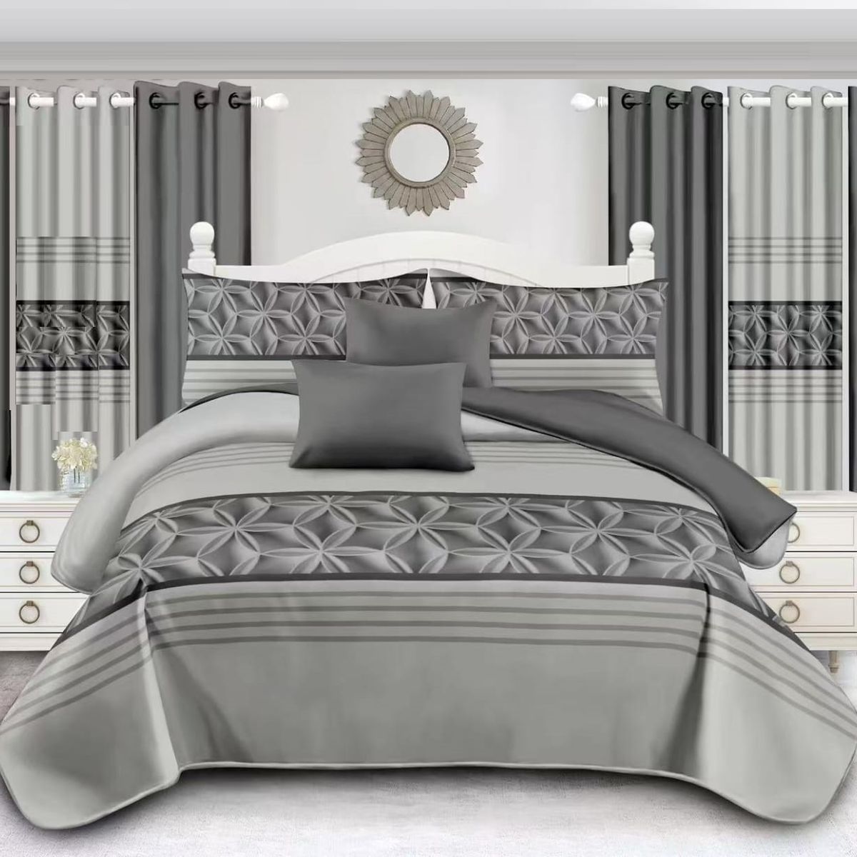 GENERICO - JUEGO DE SABANA KING TF GRIS DE LINEAS MODERNA DECORATIVA