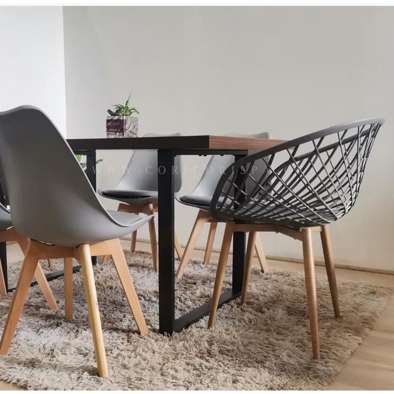 CORI CORI - Comedor Industrial 140x90cm + 4 Sillas Tulip + 2 Butacas Mesh Gris