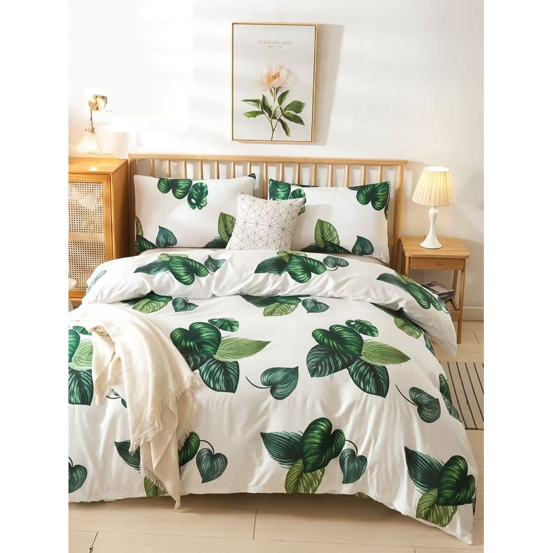 GENERICO - JUEGO DE SABANA KING TF BLANCO DISEÑO HOJAS VERDES MODERNA DECORATIVA