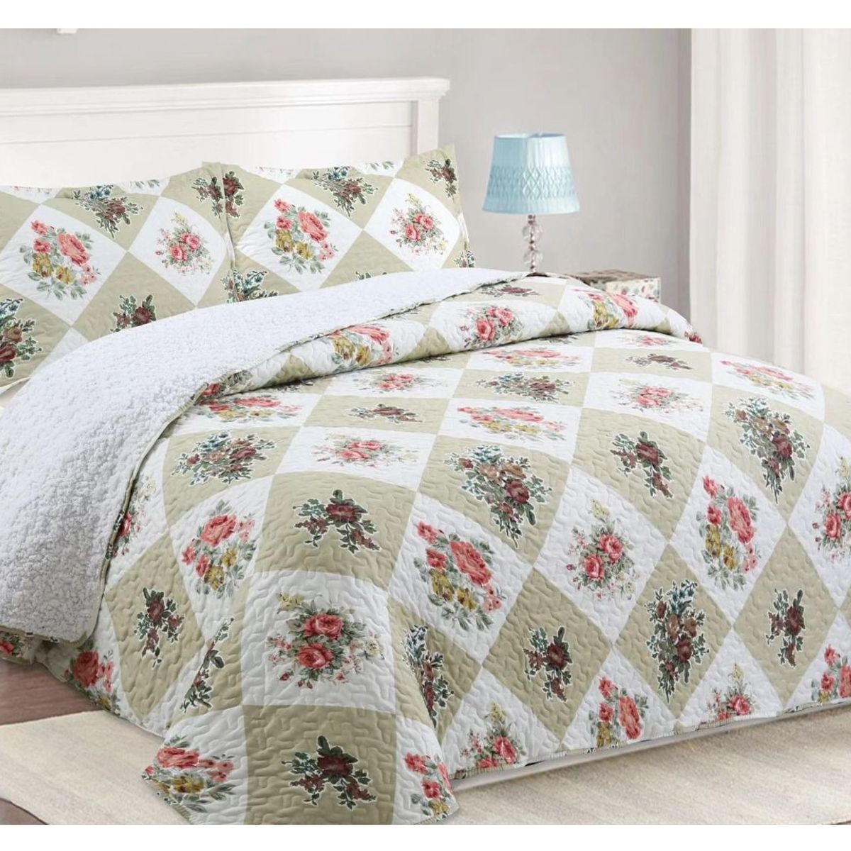 COMPRAPO - Cubrecama Quilt Sherpa King Mod. Patch Roses + 2 Fundas 50x70 Cm.