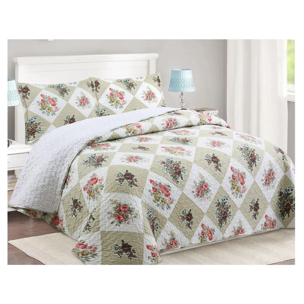 COMPRAPO - Cubrecama Quilt Sherpa King Mod. Patch Roses + 2 Fundas 50x70 Cm.