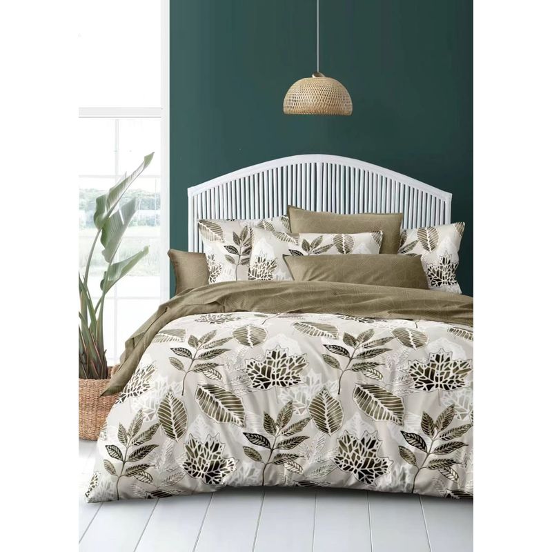 GENERICO - JUEGO DE SABANA KING TF BLANCO DISEÑO HOJAS DORADA MODERNA DECORATIVA