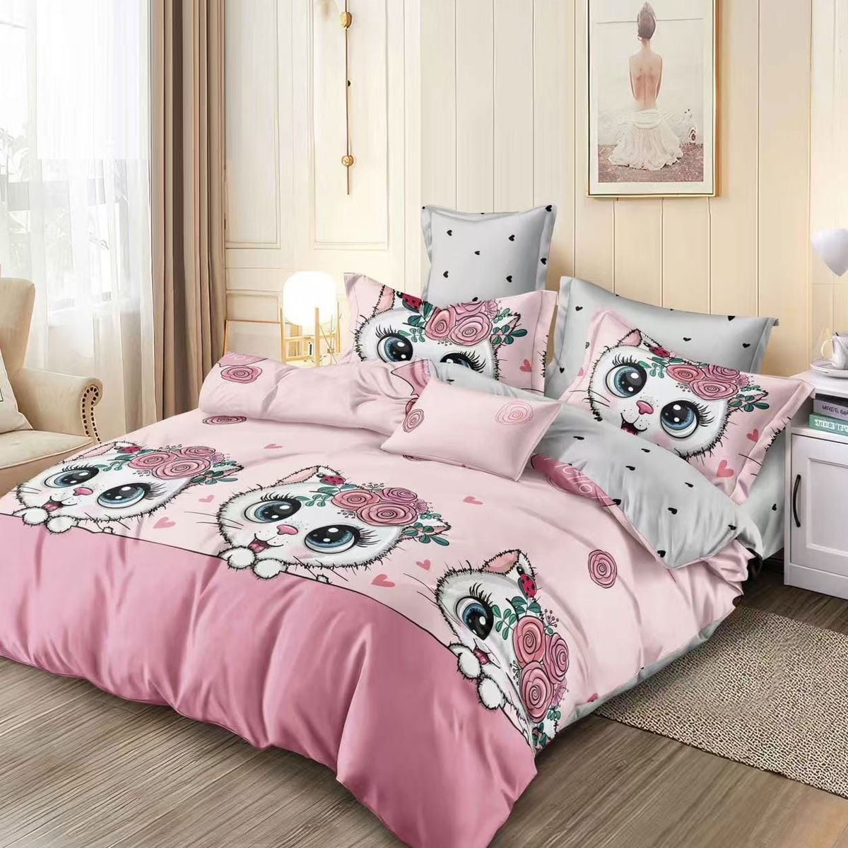 GENERICO - SABANA DE NIÑA 1.5 PLAZAS TF ROSA DISEÑO GATITAS 3 PIEZAS