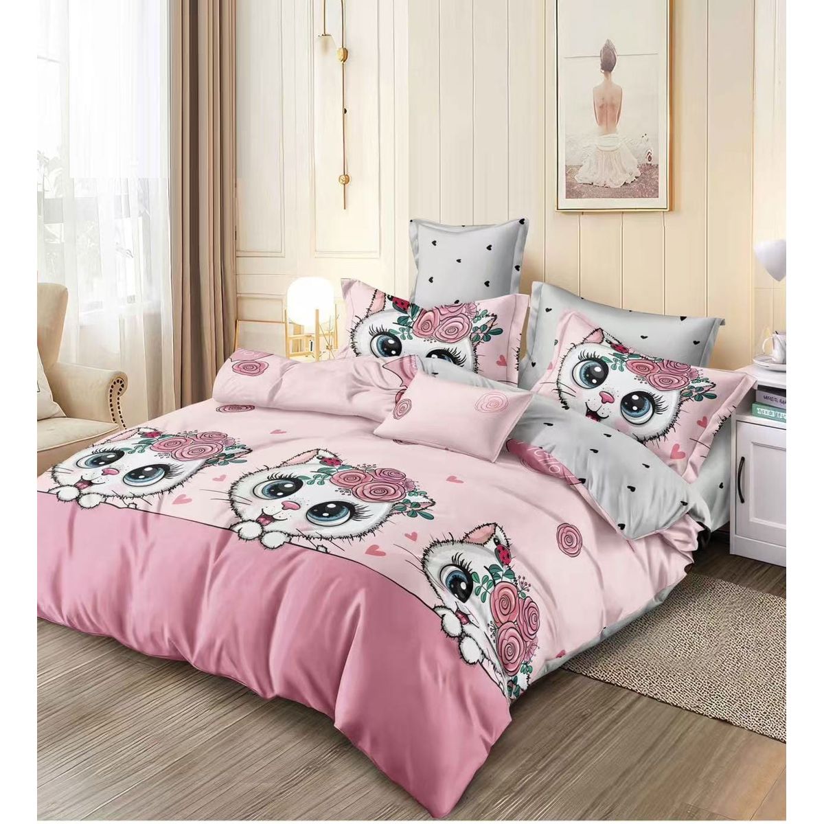 GENERICO - SABANA DE NIÑA 1.5 PLAZAS TF ROSA DISEÑO GATITAS 3 PIEZAS