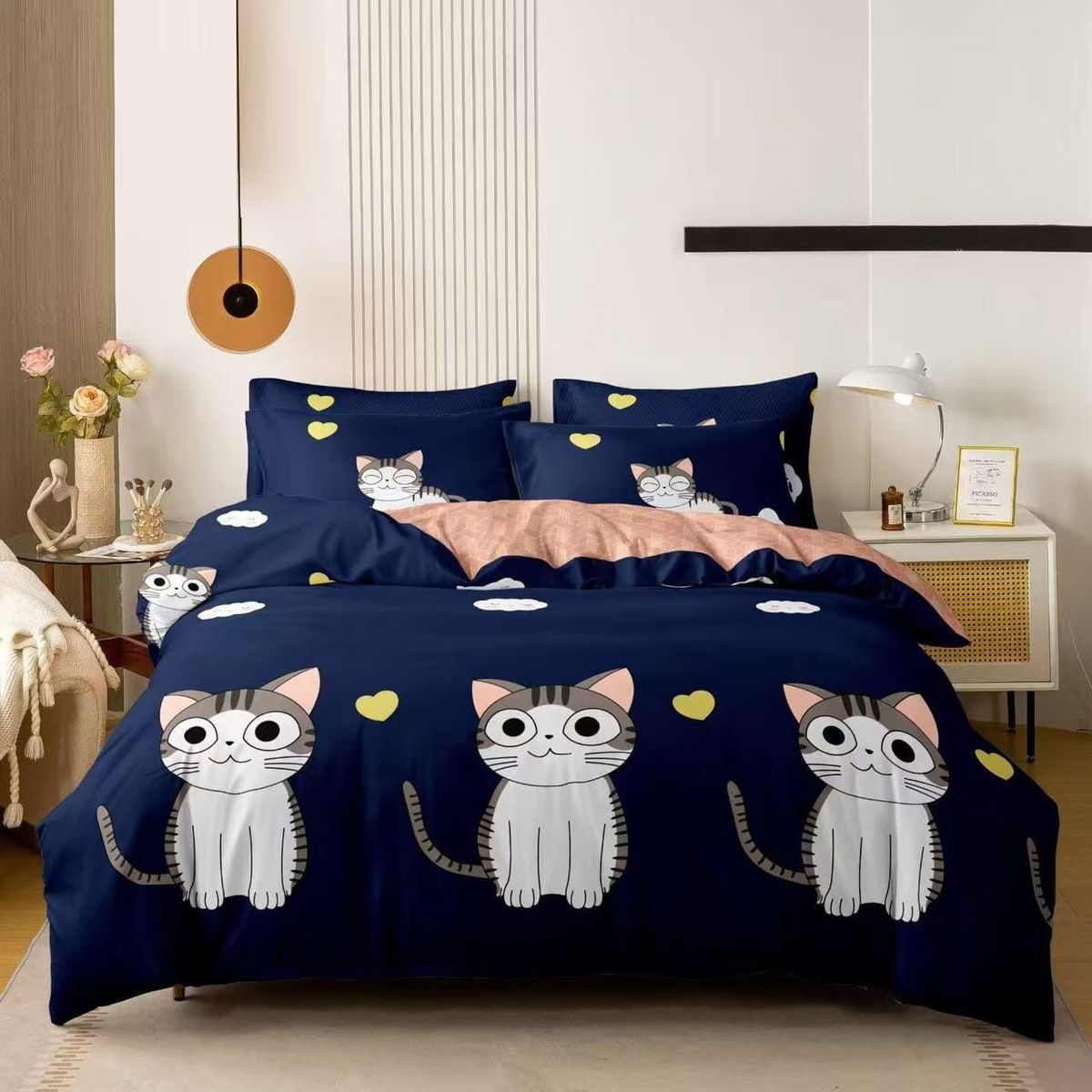 GENERICO - SABANA DE NIÑO 1.5 PLAZAS TF AZUL DISEÑO GATITO 3 PIEZAS