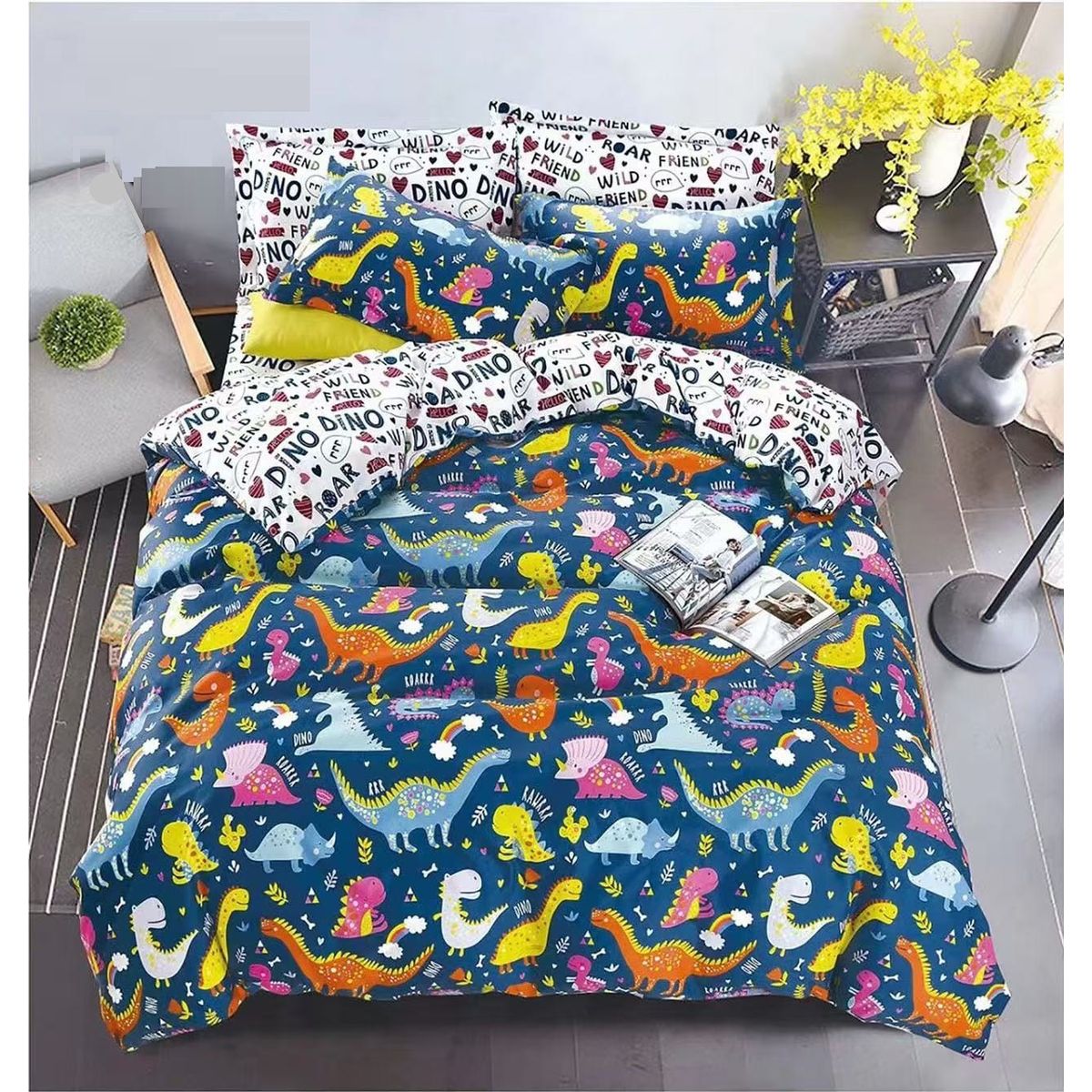 GENERICO - SABANA DE NIÑO 1.5 PLAZAS TF  AZUL DISEÑO DINOSAURIOS 3 PIEZAS