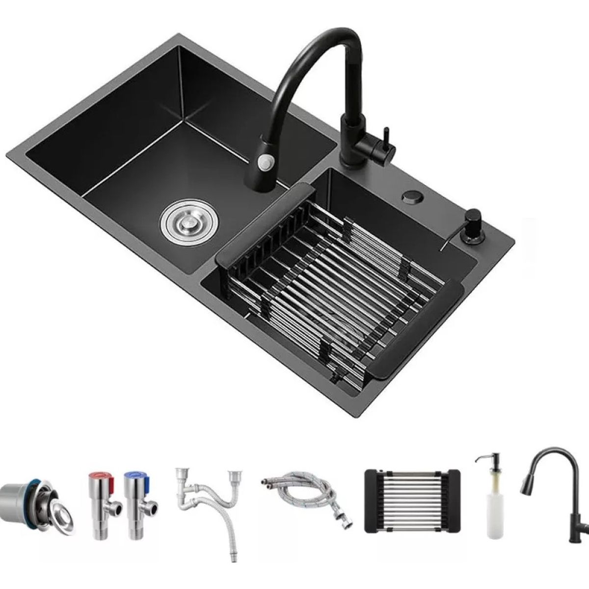 LABALAOS - Lavaplatos 75x40 Black Rejilla Dispensador Llave Juego