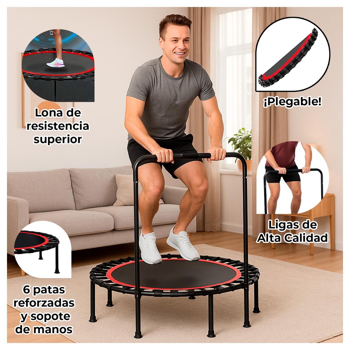 GLOBAL LATIN GROUP - Trampolín Fitness con Soporte, Ligas y Plegable 1 MT