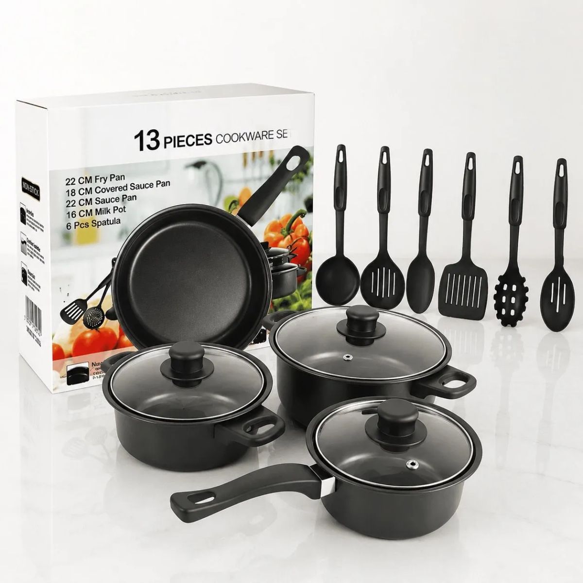HOMESTAR - Set de batería de cocina antiadherente negra con utensilios, 13 piezas