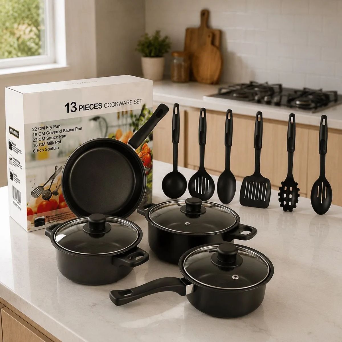 HOMESTAR - Set de batería de cocina antiadherente negra con utensilios, 13 piezas