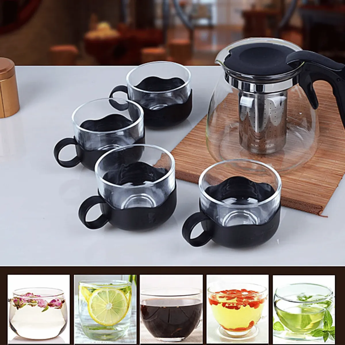 HOMESTAR - Set Tetera de Vidrio con Infusor y 4 Tazas Resistentes