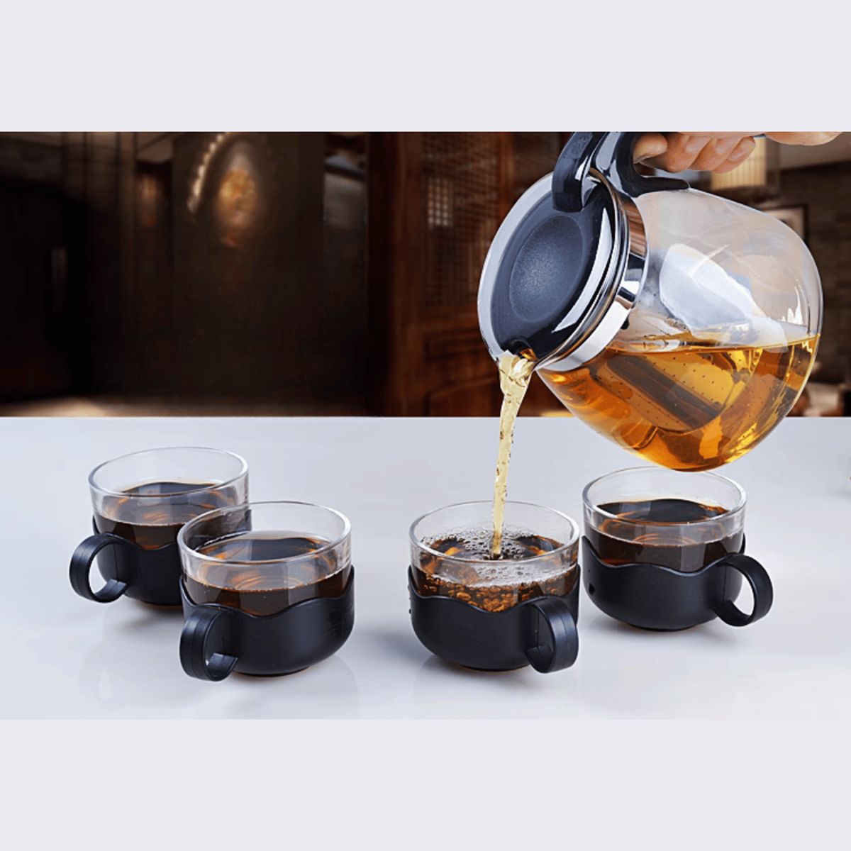 HOMESTAR - Set Tetera de Vidrio con Infusor y 4 Tazas Resistentes