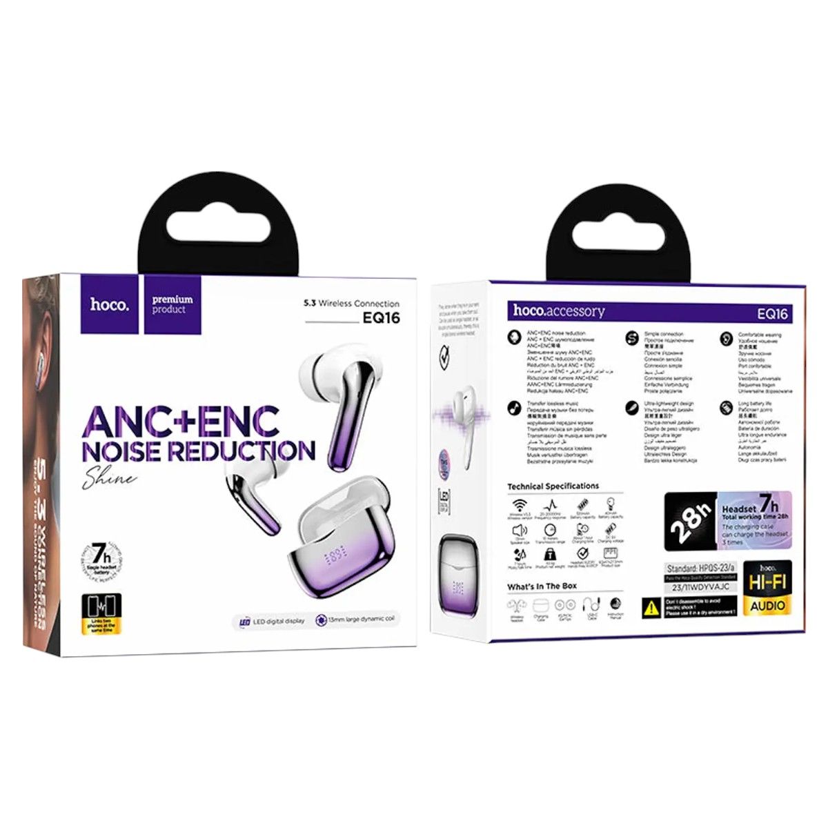 HOCO - Audífonos TWS Hoco EQ16 Shine Morado  Cancelación Activa de Ruido ANC