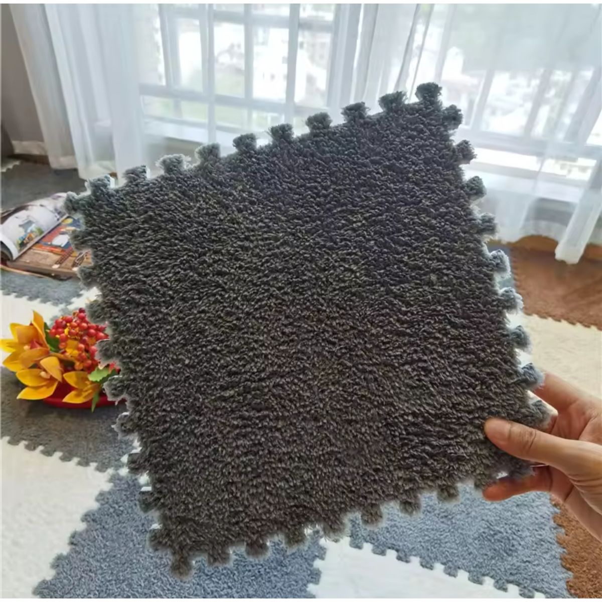 GENERICO - Set de 10 Alfombra De Goma Eva Peluda Para Niños 30x30 Gris Oscuro