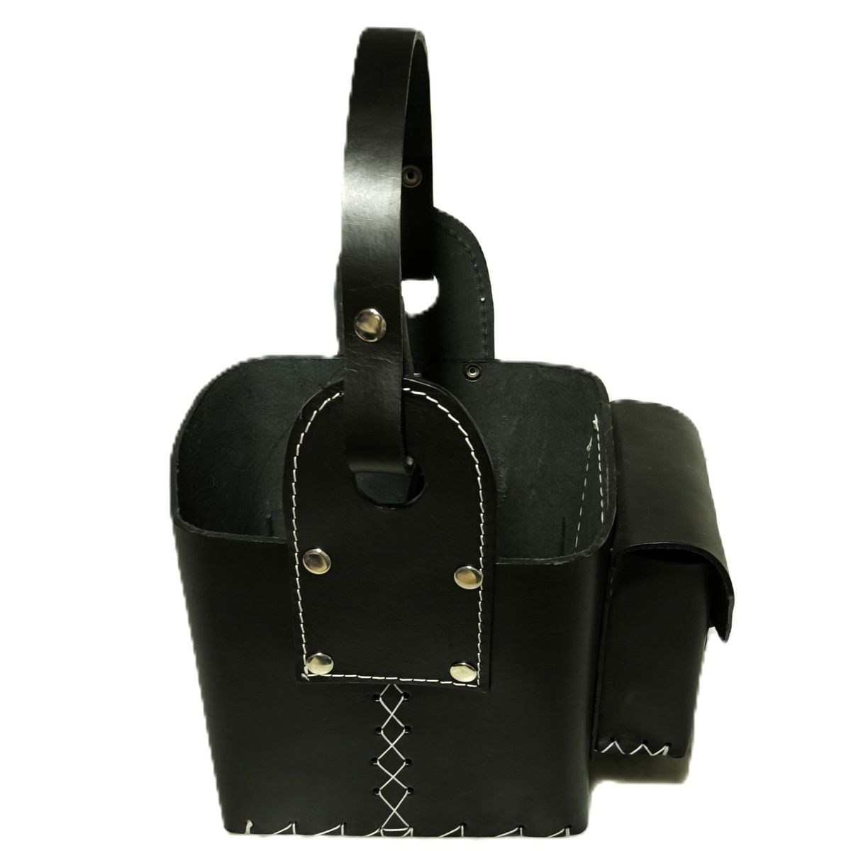 GENERICO - CANASTO MATERO NEGRO 100% CUERO CON BOLSILLO