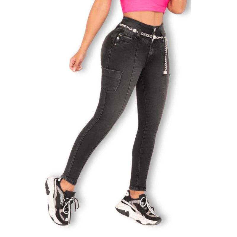 GRAZZIA - Jeans Pitillo Mujer Cargo Gris Oscuro  Colombiano GR478