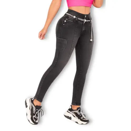GRAZZIA - Jeans Pitillo Mujer Cargo Gris Oscuro Colombiano GR478