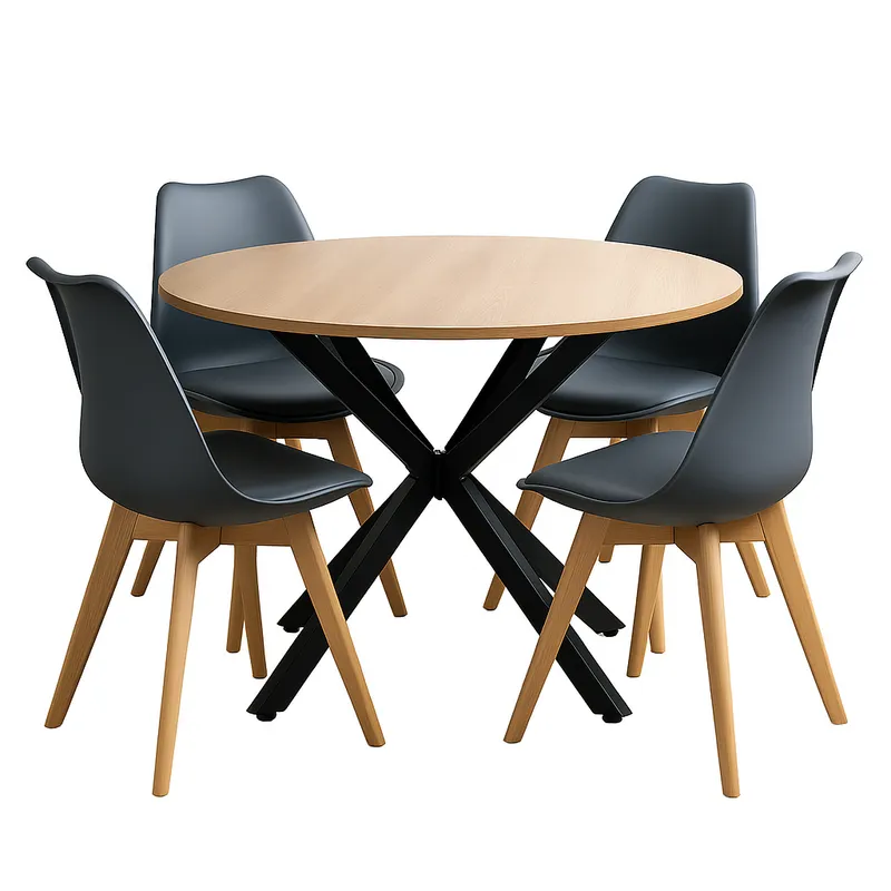 VENHOOUSE - Juego De Comedor Mesa Argo Negra 100cm + 4 Sillas Tulip Grises
