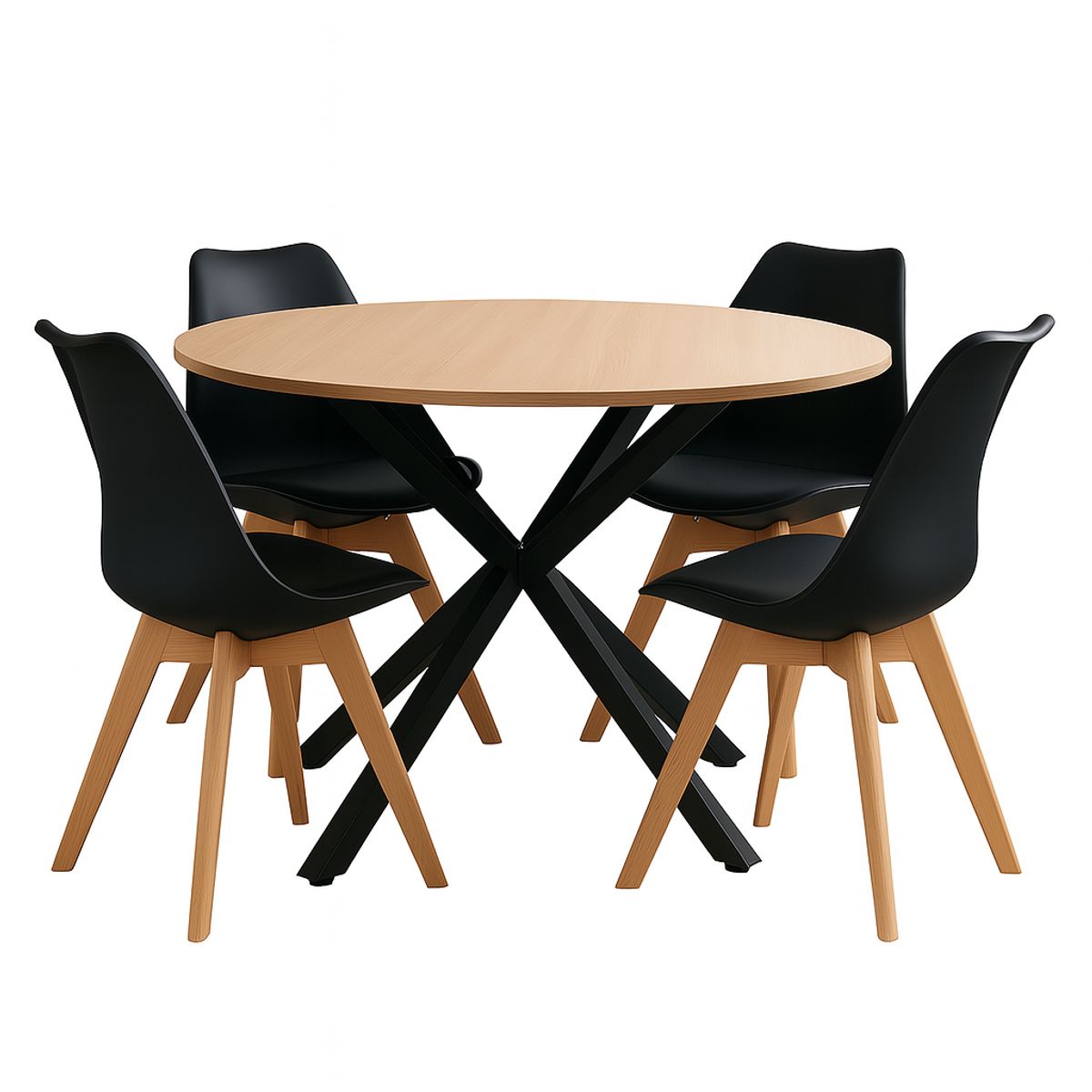 VENHOOUSE - Juego De Comedor Mesa Argo Negra 100cm + 4 Sillas Tulip Negras