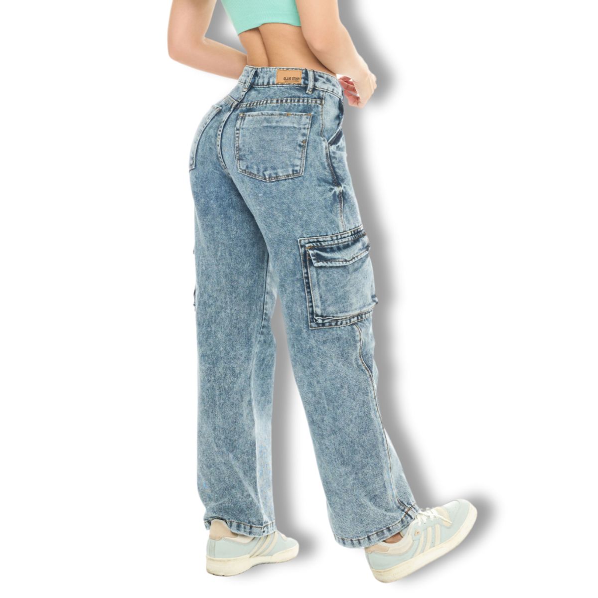 GLUE STAR - Jeans Cargo Mujer Azul Medio Tiro Alto con Bolsillos 19876
