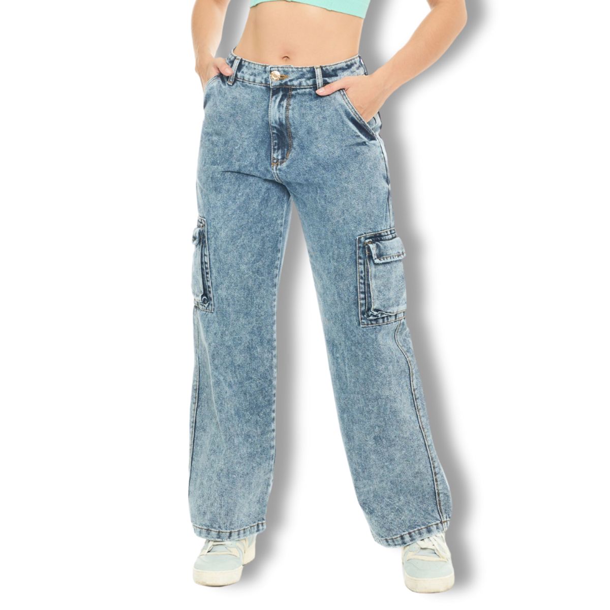 GLUE STAR - Jeans Cargo Mujer Azul Medio Tiro Alto con Bolsillos 19876